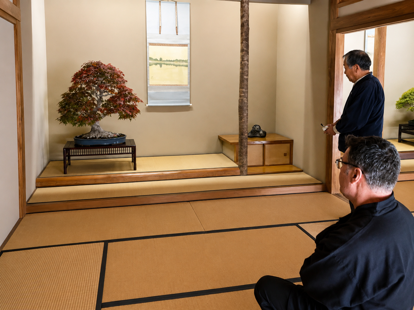 El maestro impartiendo una lección de Keidō ante el tokonoma