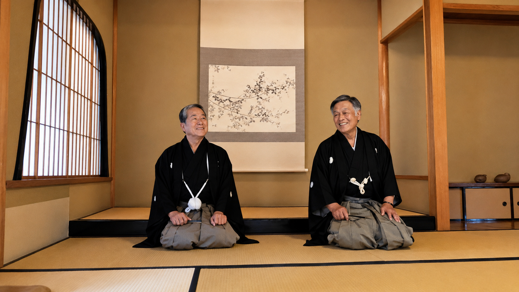 Uhaku y Kobayashi vestidos de kimono en un tokonoma, al concluir la ceremonia