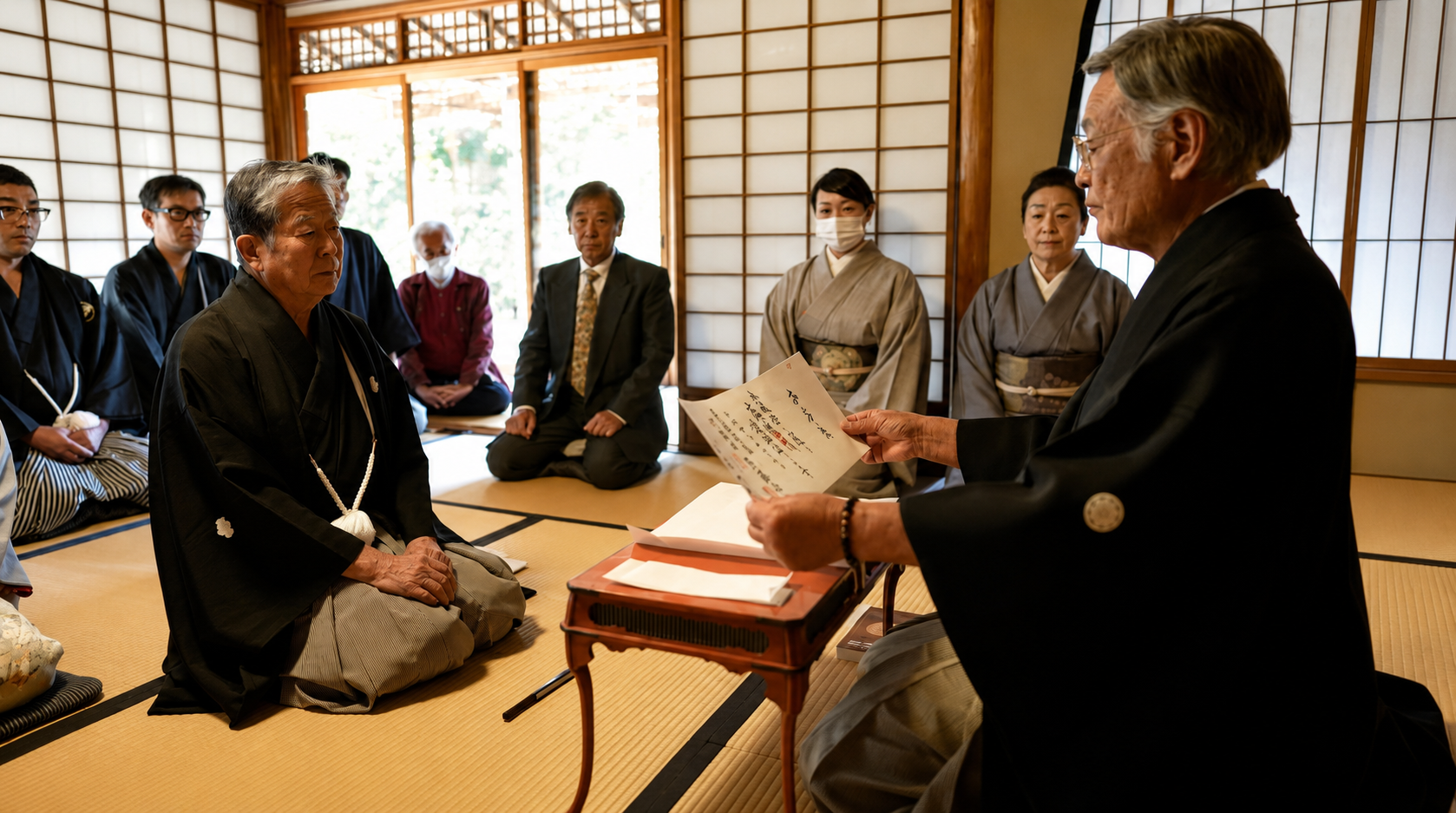 La ceremonia de investidura de Kunio Kobayashi como tercer iemoto, en el jardín de Sudō Uhaku