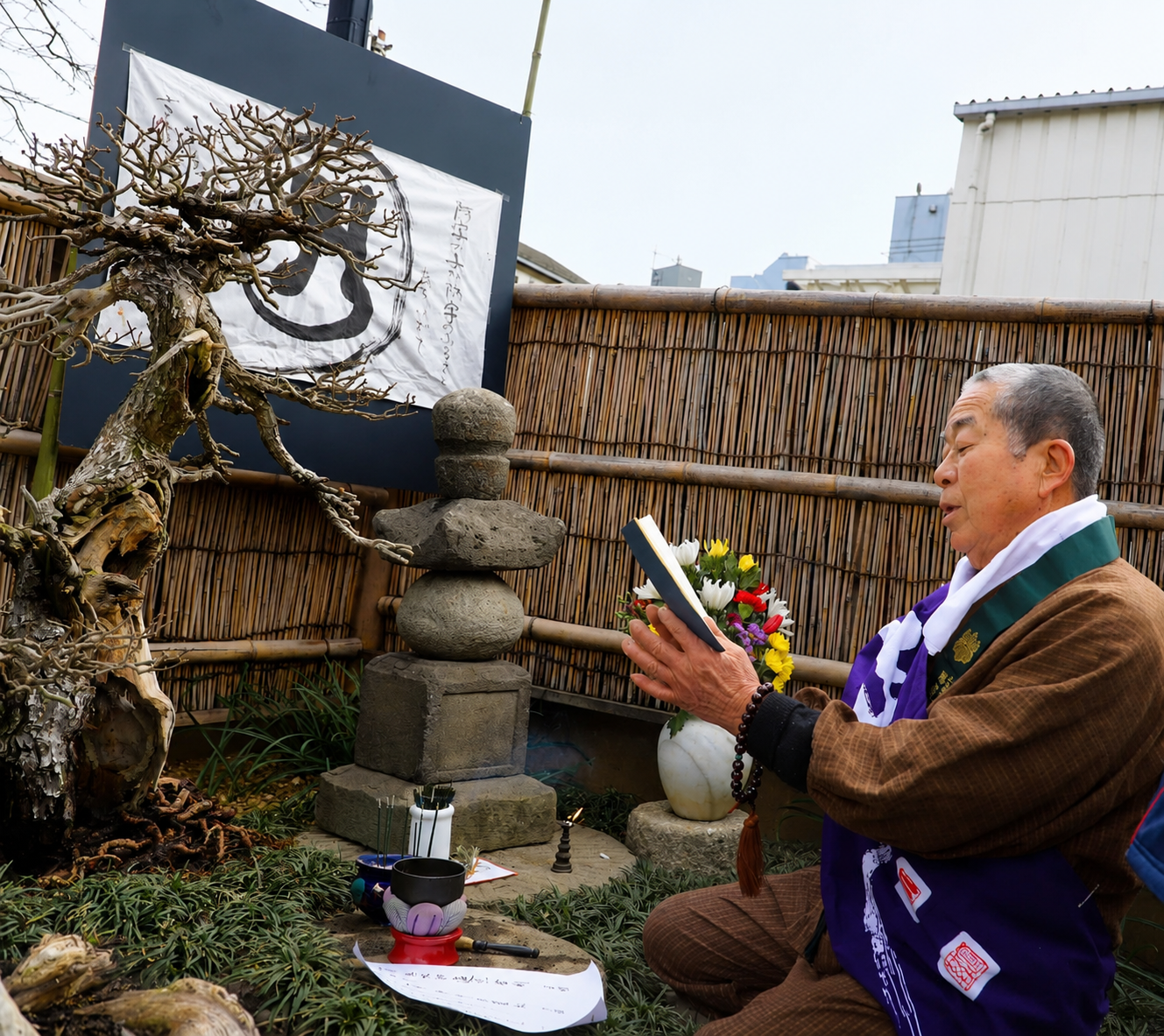 El maestro ante su pino Oku no Kyomatsu